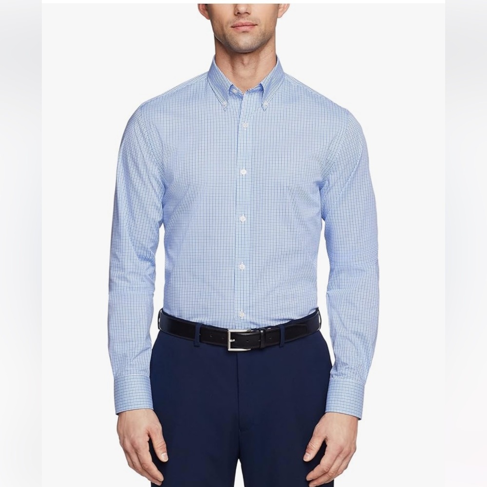 TH Flex Slim Fit Stretch Twill Dress Shirt Blue Plaid Checked